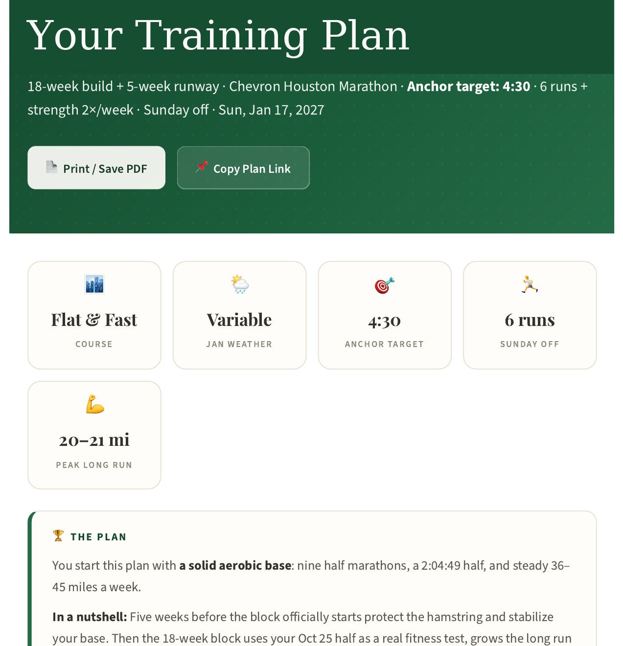 Plan overview showing the runner's personalized marathon plan